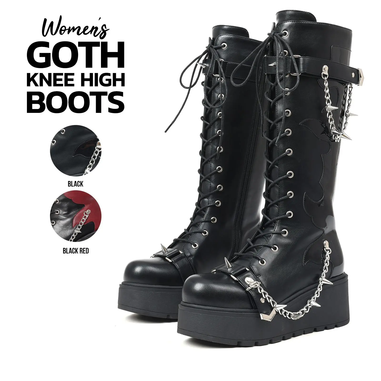 Women Platform Boots Knee High Combat Round Toe Wedge Heel Side Zipper Chains Buckles Spike Lace Up Gothic Punk Rave Y2K Lightweight Festival Motorcycle Streetwear Rock Style Concert Cosplay Casual Night Out Statement Fashion Boots