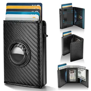 Minimalist Mens Wallet Card Holder Leather Carbon Fiber Slim RFID Blocking 6-9 Card Capacity ID Window Cash Slot Gift Ready Pop-Up Card Design AirTag Holder