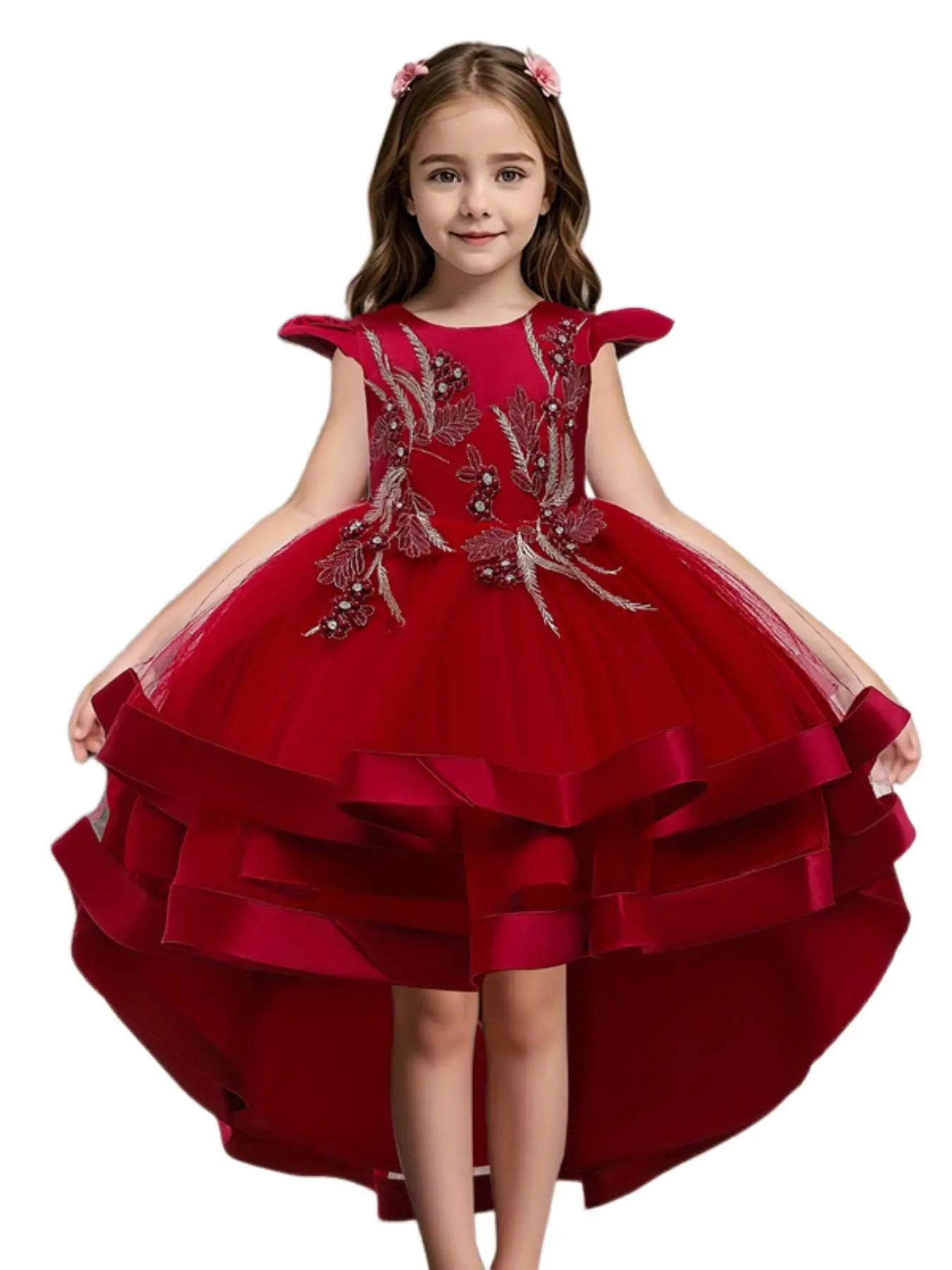 Girls' Halloween Christmas Dress, Long Tail Party Gown, Embroidered Flowers, Multi-Layer Mesh Skirt Design, Princess Style