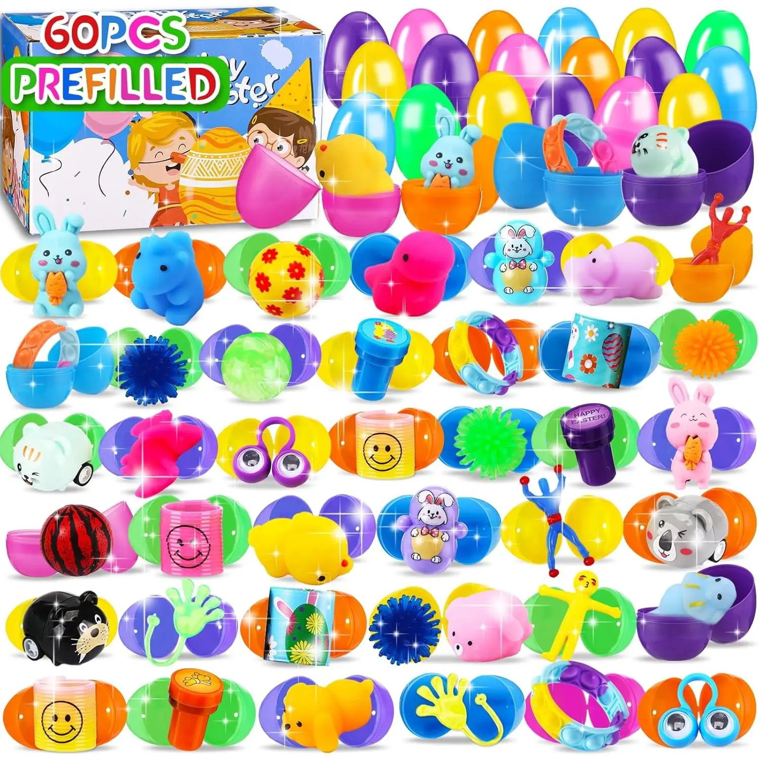 60PCS Prefilled Easter Eggs with Toys Inside  Basket Filled Stuffers Theme Party Favors Fidget Hunting Assortment Treasure Box Supplies Classroom Carnival Prizes Gifts