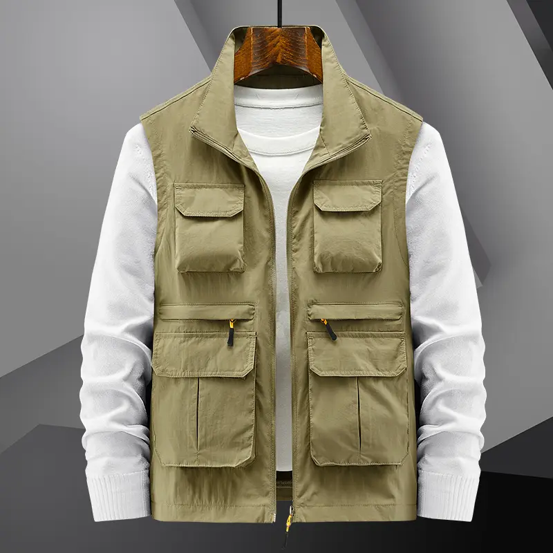 Men’s solid-color outdoor vest with multiple pockets; lightweight workwear vest for fishing, camping, and travel; multifunctional outdoor mountaineering photography vest; casual, versatile sleeveless outerwear vest