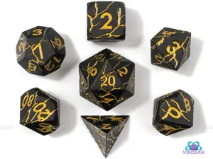 Liquid Gold | Matte Black Lightning Bolt Gold Cracks Large Metal Dice Set (7) | Dungeons and Dragons (DnD) | Tabletop RPG Gaming