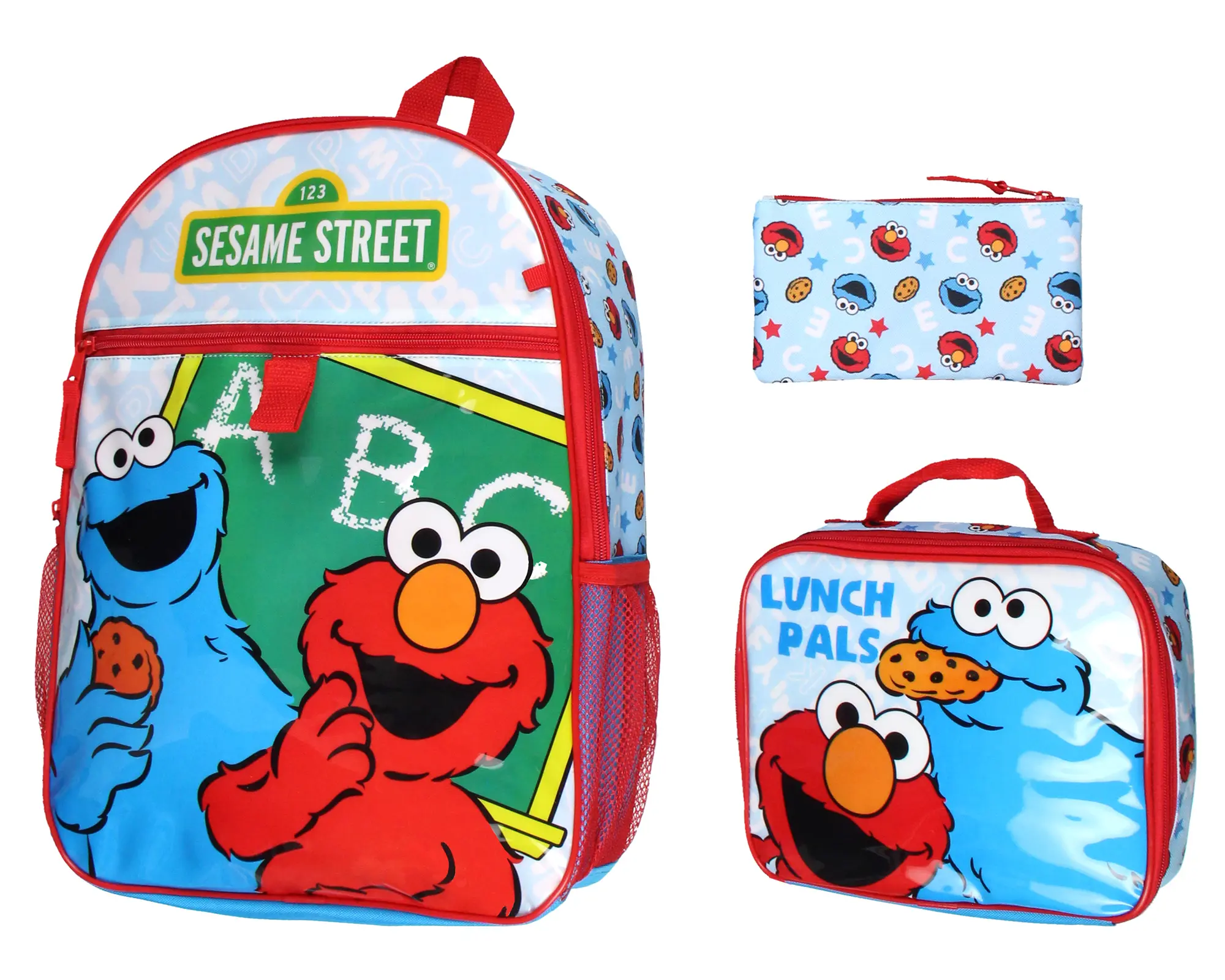 Sesame Street ABC Youth Backpack Set - 16" Cookie Monster & Elmo 3-Piece Bundle with Lunch Box, Pencil Pouch, First Day of School, One Size, Funny Bags, Back to School Hauls