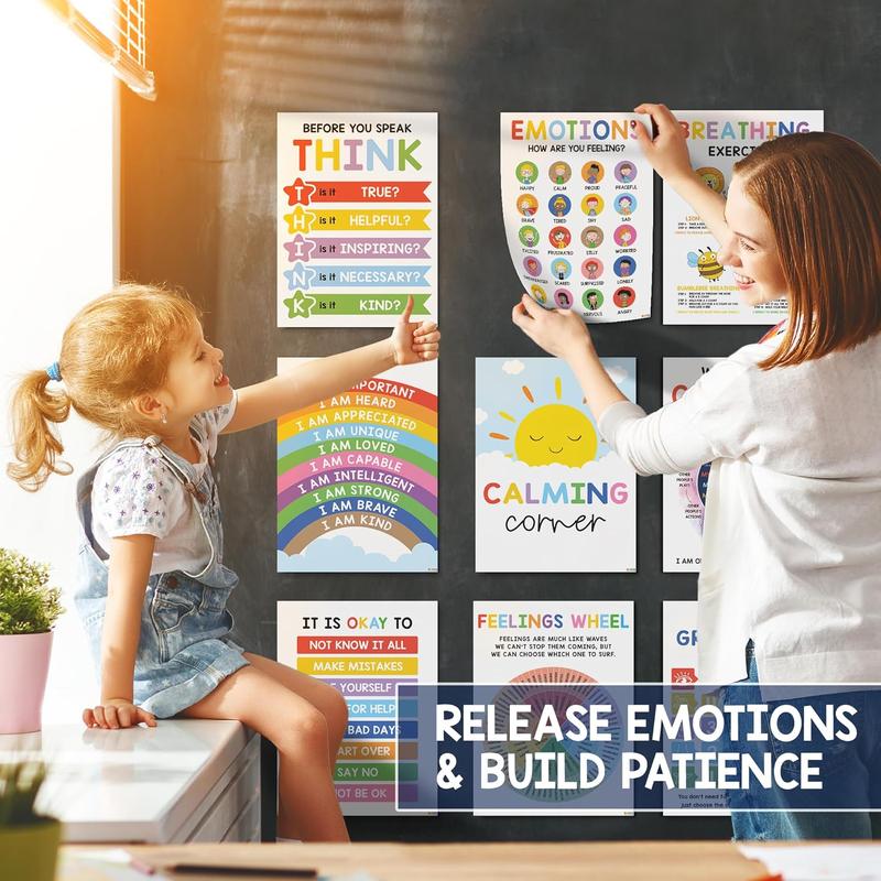 12 Pcs Preschool Mental Health Posters – Laminated Feelings Wheel & Emotion Regulation Charts (10x14) | Calm Corner Decor for Home, Classroom & Therapy Office | SEL Wall Decor to Help Kids Manage Big Feelings