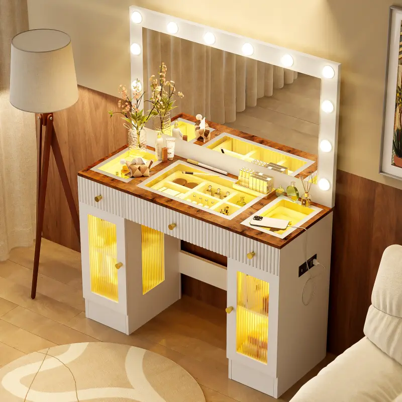 (High end and high-quality)43.3" Vanity Desk with Large Mirror and Hollywood Bulbs, Modern Glass Top Makeup Vanity with Drawers and Power Outlet, Large Dressing Table with 3 Color Lighting Modes & RGB Cabinets for Bedroom