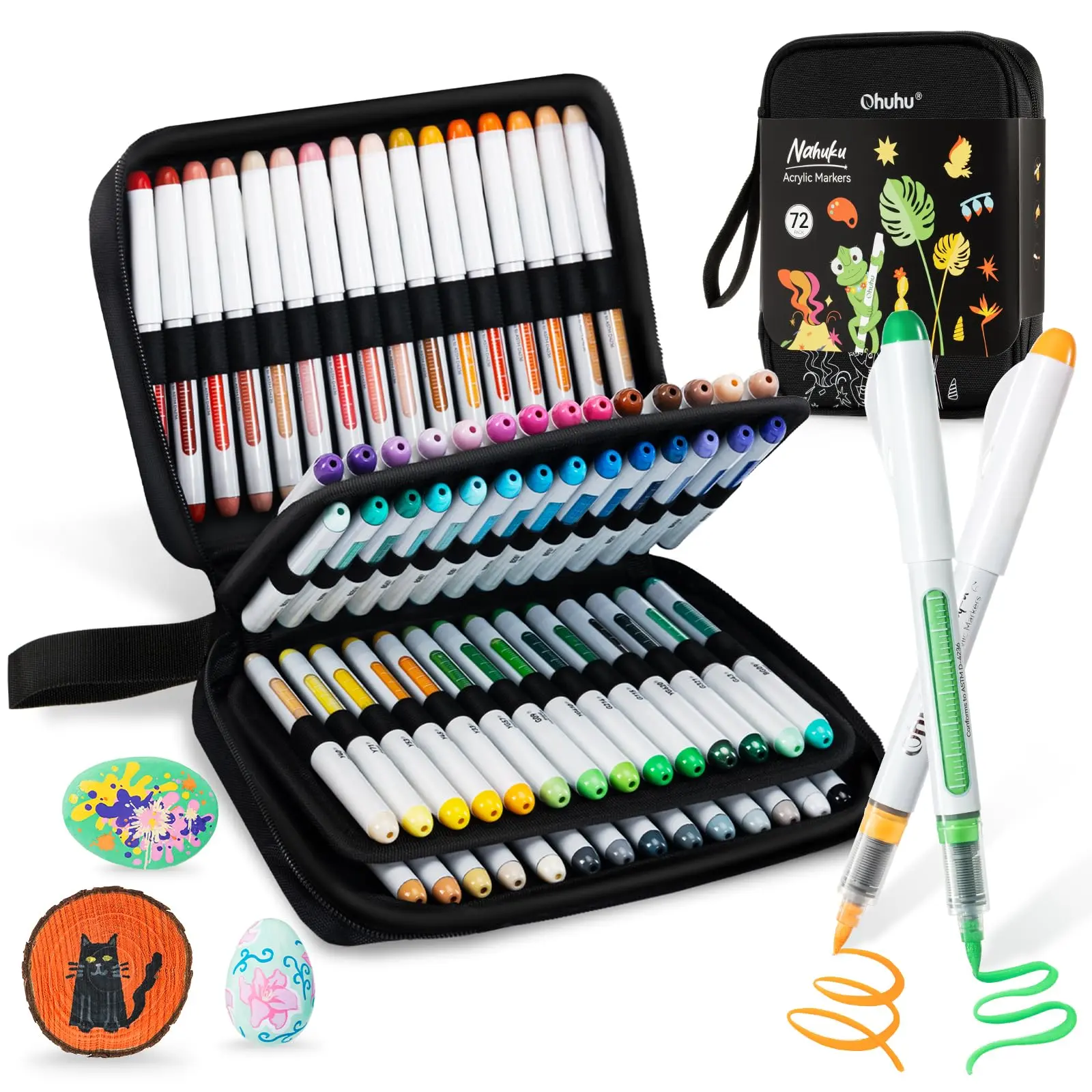 Ohuhu Acrylic Markers: Brush Tip - 48 Pack / 72 Pack - Vibrant Colors with Flexible Brush Tip High-Opacity Waterproof Lightfast Pens for Rock Wood Glass & More - Nahuku Series of Ohuhu