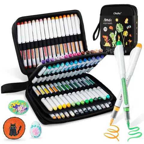 Ohuhu Acrylic Paint Markers: Brush Tip - 48/72 Pack - Arts and Crafts Supplies, High Pigment Colorful Marker Set, Flexible Tip, High-Opacity Waterproof Lightfast Art Materials for Rock, Wood - Nahuku Series of Ohuhu