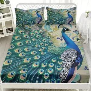 2/3pcs Peacock Feather Art Pattern Background Series Bed Hat Set, Suitable For Bedrooms, Hotels, Dormitories And Other Places, Machine Washable (1 Fitted Sheet + 1/2 Pillowcase, No Core)