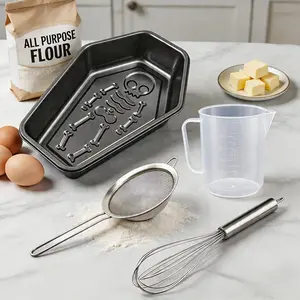 A set of coffin-shaped cake mold kit, including a whisk, a flour sieve and a measuring cup, heavy-duty carbon non-stick, rectangular baking mold suitable for Halloween cakes, cupcakes and Gothic desserts, terrifying skull cake mold