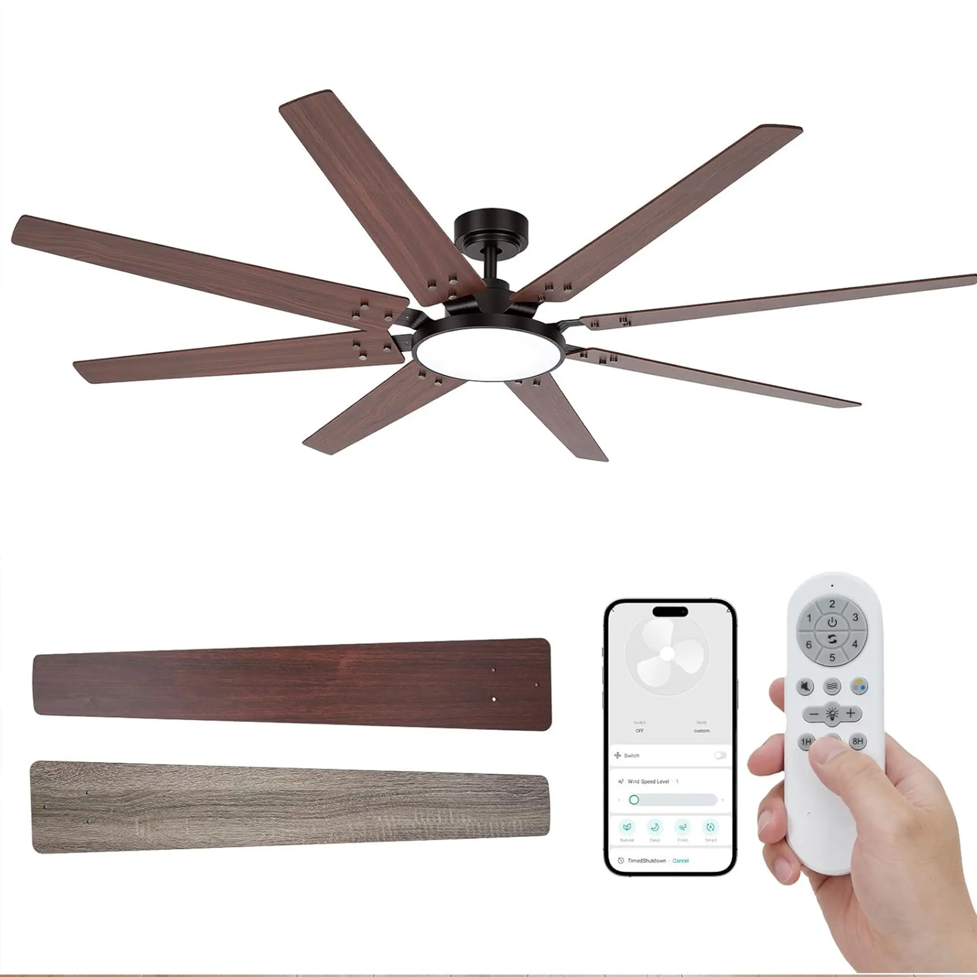 72-Inch Smart Ceiling Fan with Lights – 8 Blades, Remote & App Control, Alexa & Voice Assistant, Adjustable Color Temperature & Brightness, Timer, Wind Speed, Indoor/Outdoor Use