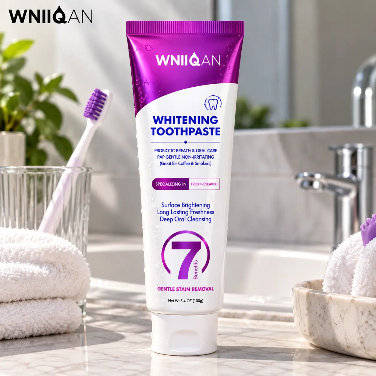 WNIIQAN Purple Whitening Toothpaste, Premium Oral Care Toothpaste, Probiotic Fresh Breath Formula, Gentle Daily Toothpaste for Adults