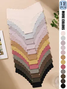 12 Pack Elegant Minimalist Solid Color Seamless Construction Women's Panties, Underwear, Breathable Quick-Dry Nylon Blend, Scalloped Wave Hem, Comfort Stretch for Yoga, Fitness, Dance