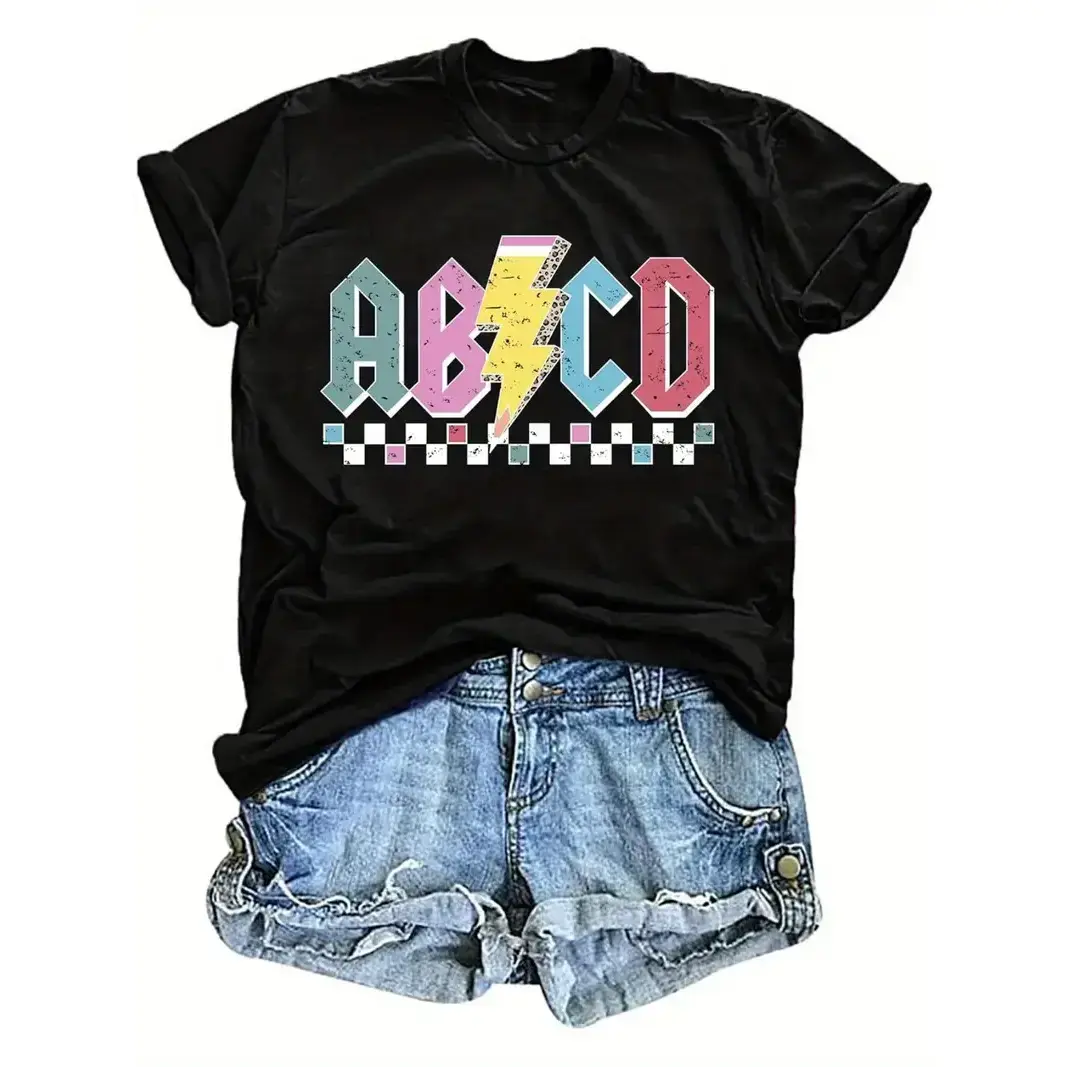 Women's ABCD Lightning Bolt Graphic T-Shirt, Casual Minimalist Crewneck in Soft 100% Cotton, Breathable Regular Fit Top for Everyday Wear