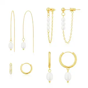 14K Gold Plated Freshwater Pearl Huggie Earring Set for Women, 8 Count Hypoallergenic Pearl Stud and Hoop Earrings, Dainty Chain and Threader Style, Tiny & Delicate Jewelry Gifts