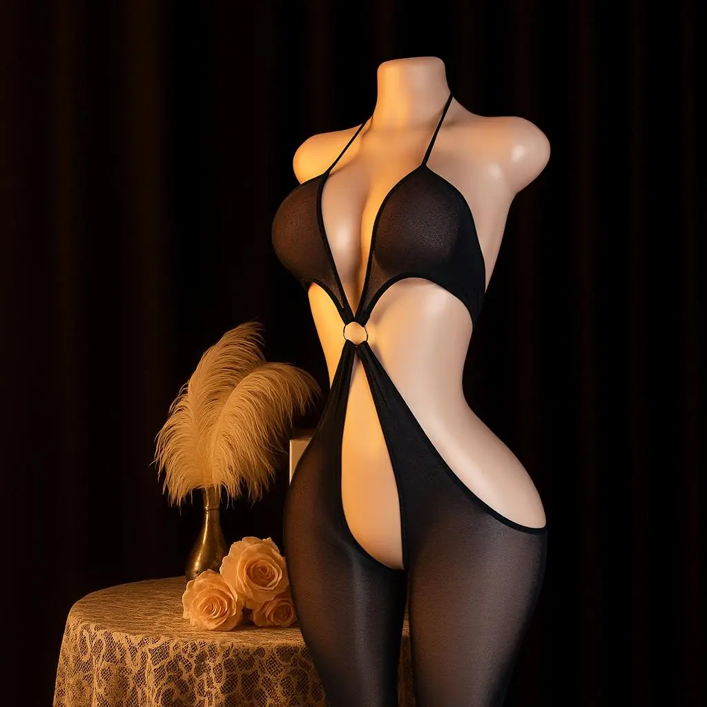 Women's High-Elasticity Backless Cupless Open-Crotch Cute Teddy Lingerie Bodysuit - Solid Black, Wireless, Criss Cross, Plus Size, No Pantyhose Bodysuit for Women Plain Color Bodysuit Valentines Lingerie