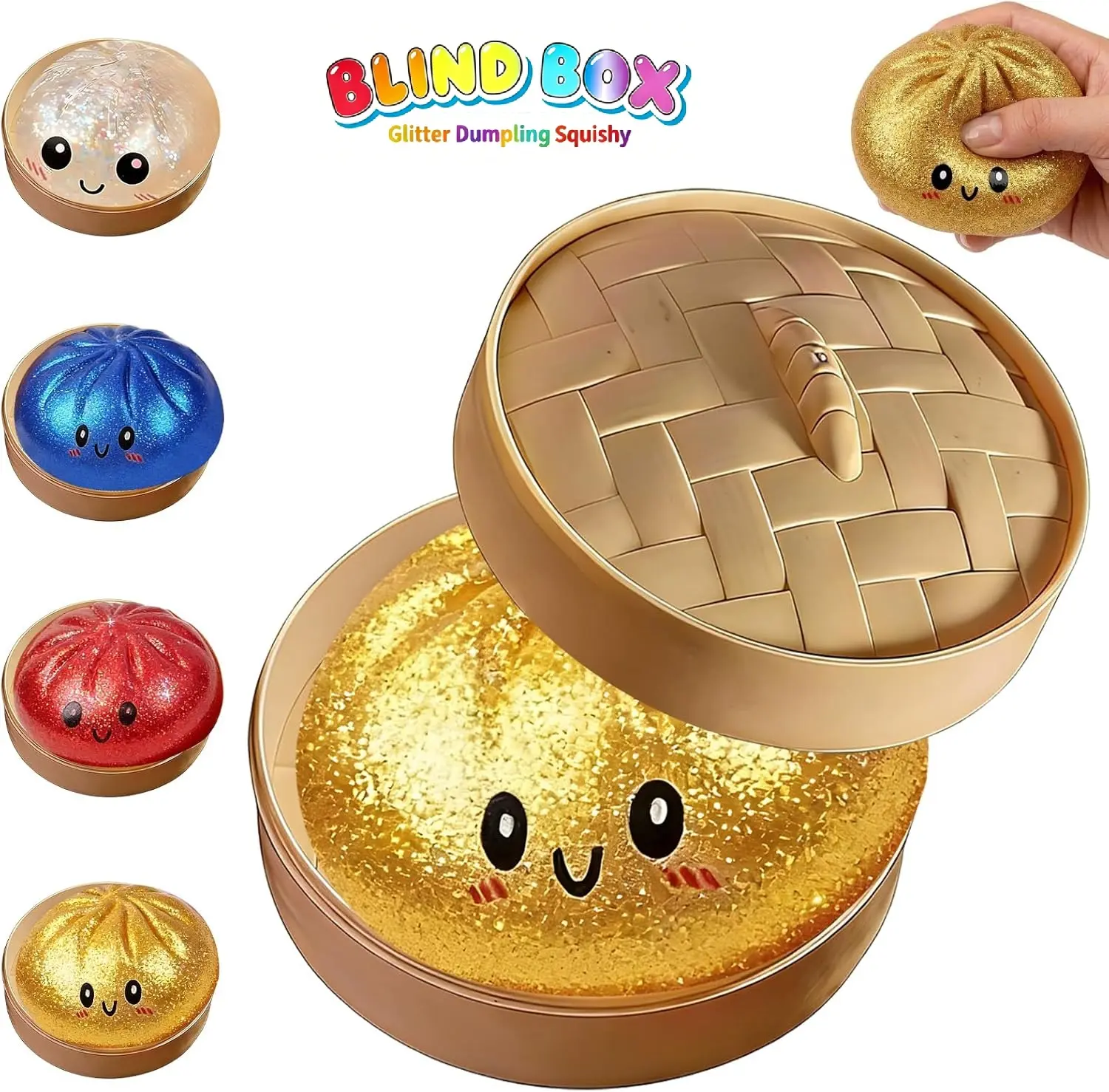 Glitter Dumpling Squishies with Steamer Box - Blind Box Random Collectibles for Squishy Hunting, Oddly Satisfying Kid & Adult Fidget Stress Relief Sensory Squeeze Toy (Above 12)