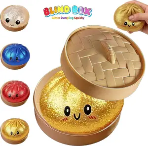 【Blind Box】New Glitter Dumpling Squishy with Steamer Box, Random Cute Dumpling Fidget Toy, Soft Stress Relief Sensory Squeeze Toy for Kids & Adults