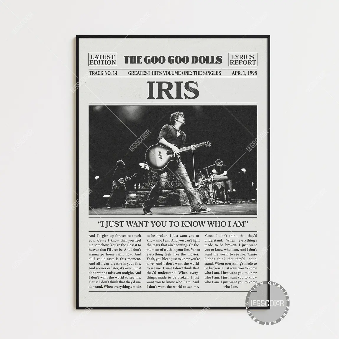 Goo Goo Dolls Retro Newspaper Print, Iris Poster No Frame, Lyric Print, City Of Angels Music From The Motion Picture Poster, Goo G Stylish Text Wall Print