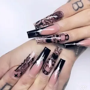 Black Flowers Pattern Fake Nails with 1 Nail File & 1 Sticker Sheet, 24pcs Square Nail Shape False Nails for Women & Girls DIY Nail Art, Manicure Set, Comprehensive Manicure Kit, Beauty Nail Care Nail Art Kit