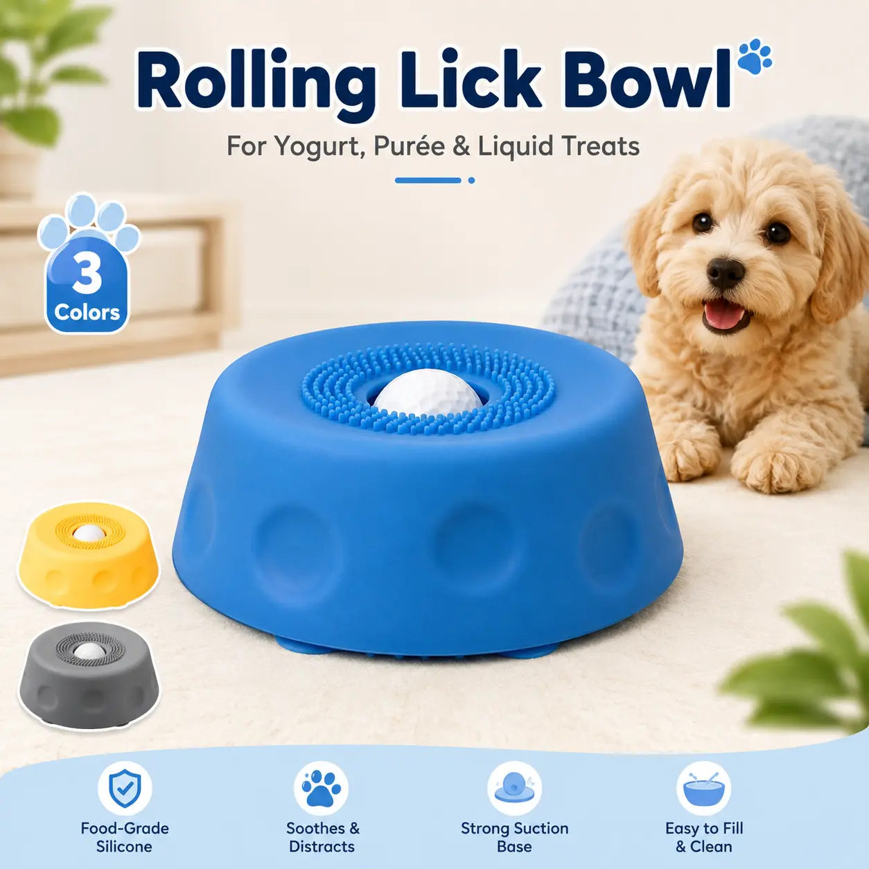 Dog Slow Feeder Lick Bowl with Rolling Ball, Silicone Suction Base, Interactive Treat Feeder for Yogurt, Purée, Wet Food & Liquid Treats, Small & Medium Dogs