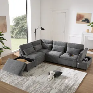 107" L-Shaped Sectional Sleeper Sofa with Storage Ottoman & USB/Type-C Charging, Pull Out Couch Bed with Adjustable Armrest, Free Combination Modular Sofa for Living Room & Apartment