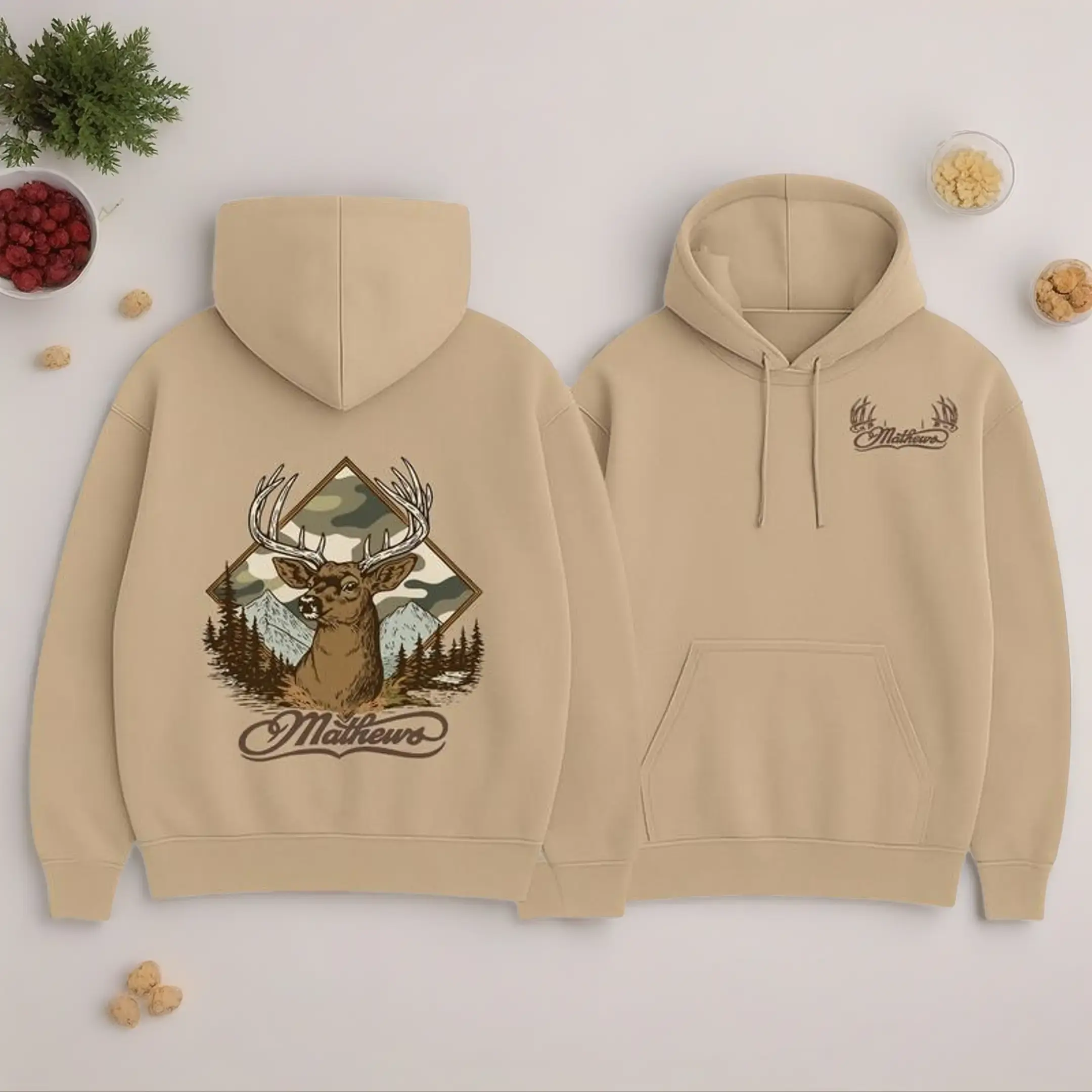 Mathews Mountain Buck Camo Pullover Hoodie, Menswear Long Sleeve Tops, Unisex Casual Hunting Graphic Shirt with 2-Side Mountain Deer Bowhunting Design, Outdoor Hunter Outfit - KitchenEra