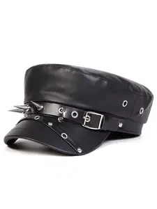 Unisex Anchor Chain PU Leather Navy Beret Hat, Adjustable Fitted Design, Casual Outdoor Sun Protection Cap for Spring & Fall Travel, Fitted Hats