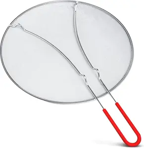 13" Stainless Steel Splatter Screen for Frying Pan with Comfort-Grip Handle - Mesh Grease Splatter Guard - Prevents Oil Splatters - Cooking Splatter Screen - Ideal Frying Pan Splatter Guard - Red