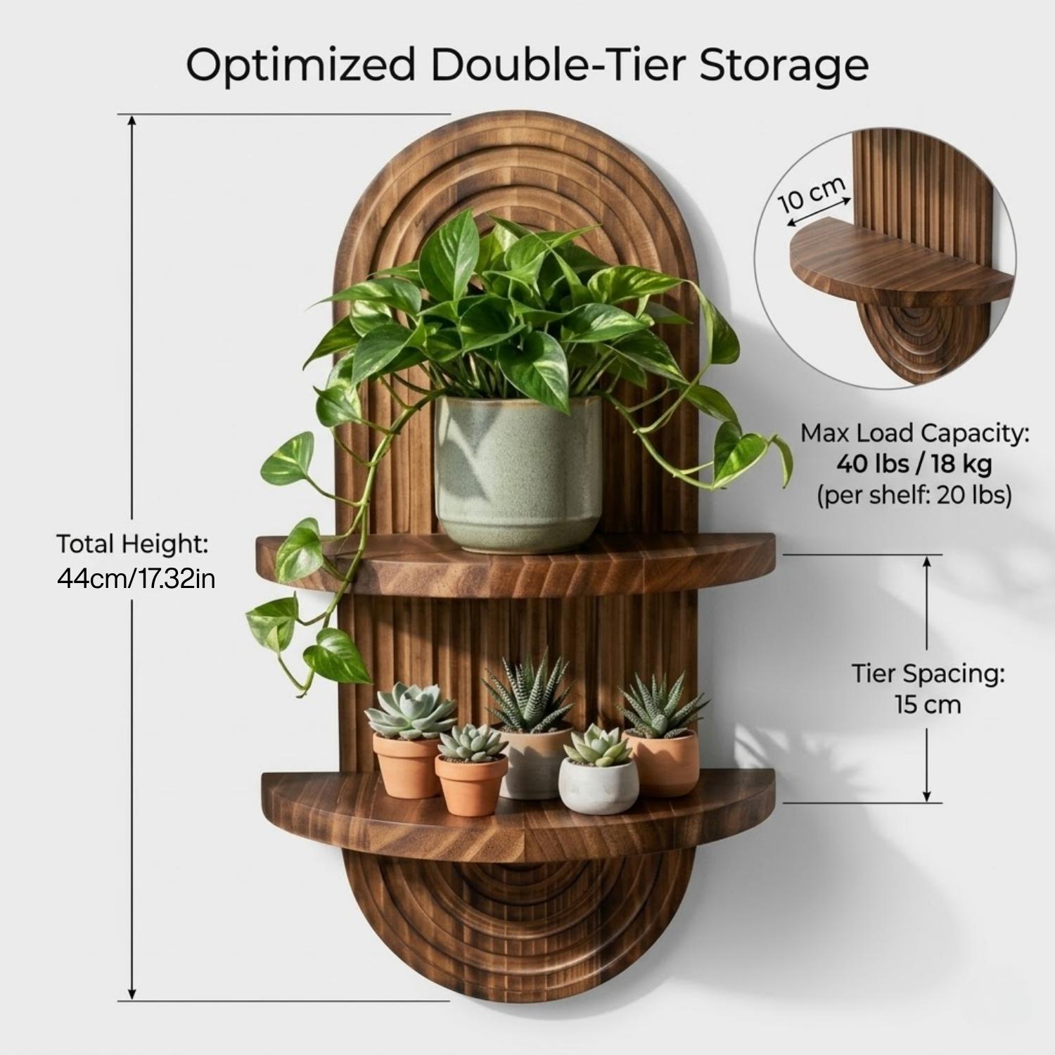 2-Tier Rustic Wood Floating Shelves for Wall, Hanging Plant Shelf Indoor, Wall Mounted Flower Pot Display Rack, Kitchen Storage & Living Room Decor, Window Sill Plant Stand, Bedroom & Entryway Organizer, Suitable for Outdoor Entrance Decoration