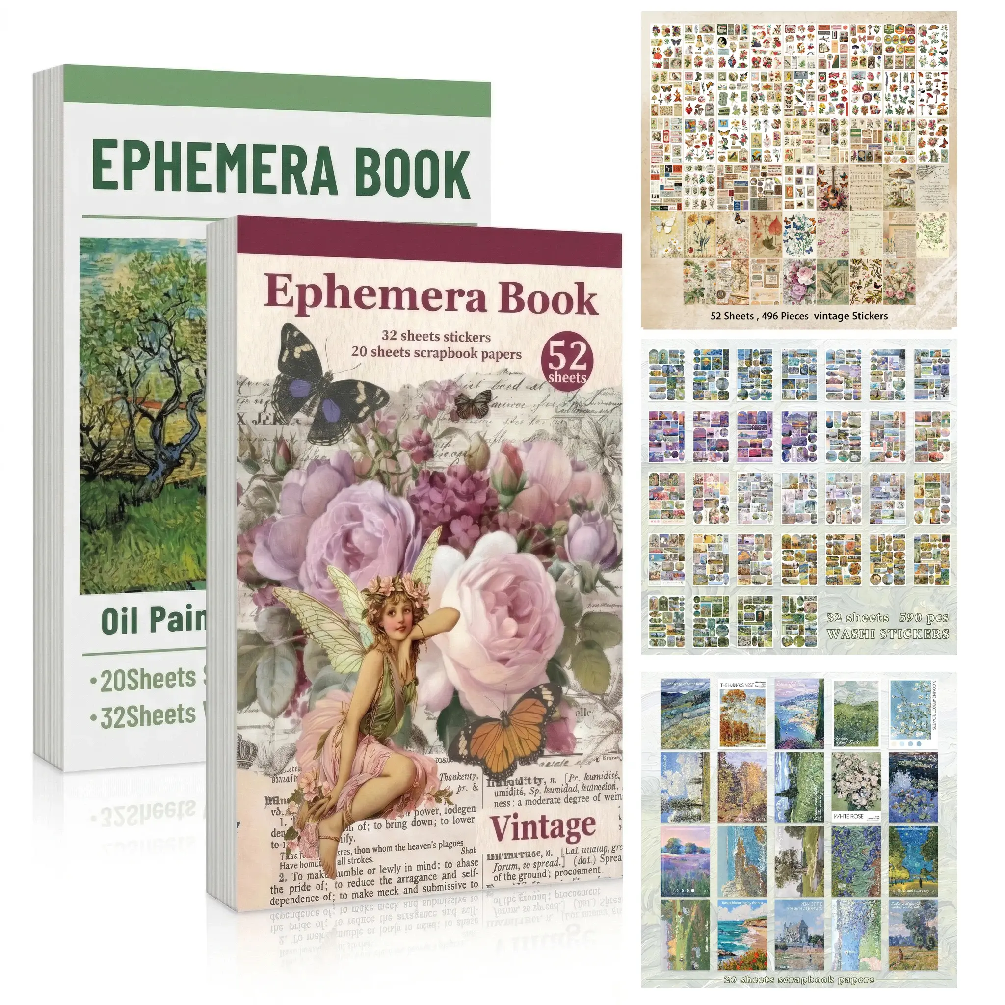 Jumbo 52 Sheets Ephemera Book (Single/Bundle) - 490 to 590+ Pcs Oil Painting & Vintage Botanical Washi Decals for Junk Journal Stickers Kit Art Stickers