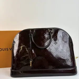 Pre-owned Louis Vuitton Patent Leather Alma Bag Dark Brown with Monogram Pattern and Gold Hardware