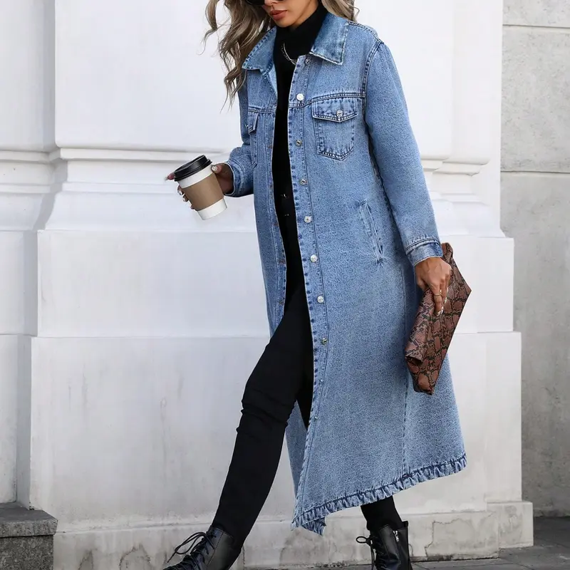 20807# Casual Fashion Spring Summer Fall Long Coat, Elegant K Style Denim Jacket, Womenswear, Versatile, Stylish for All Seasons, Autumn Fashion Outerwear