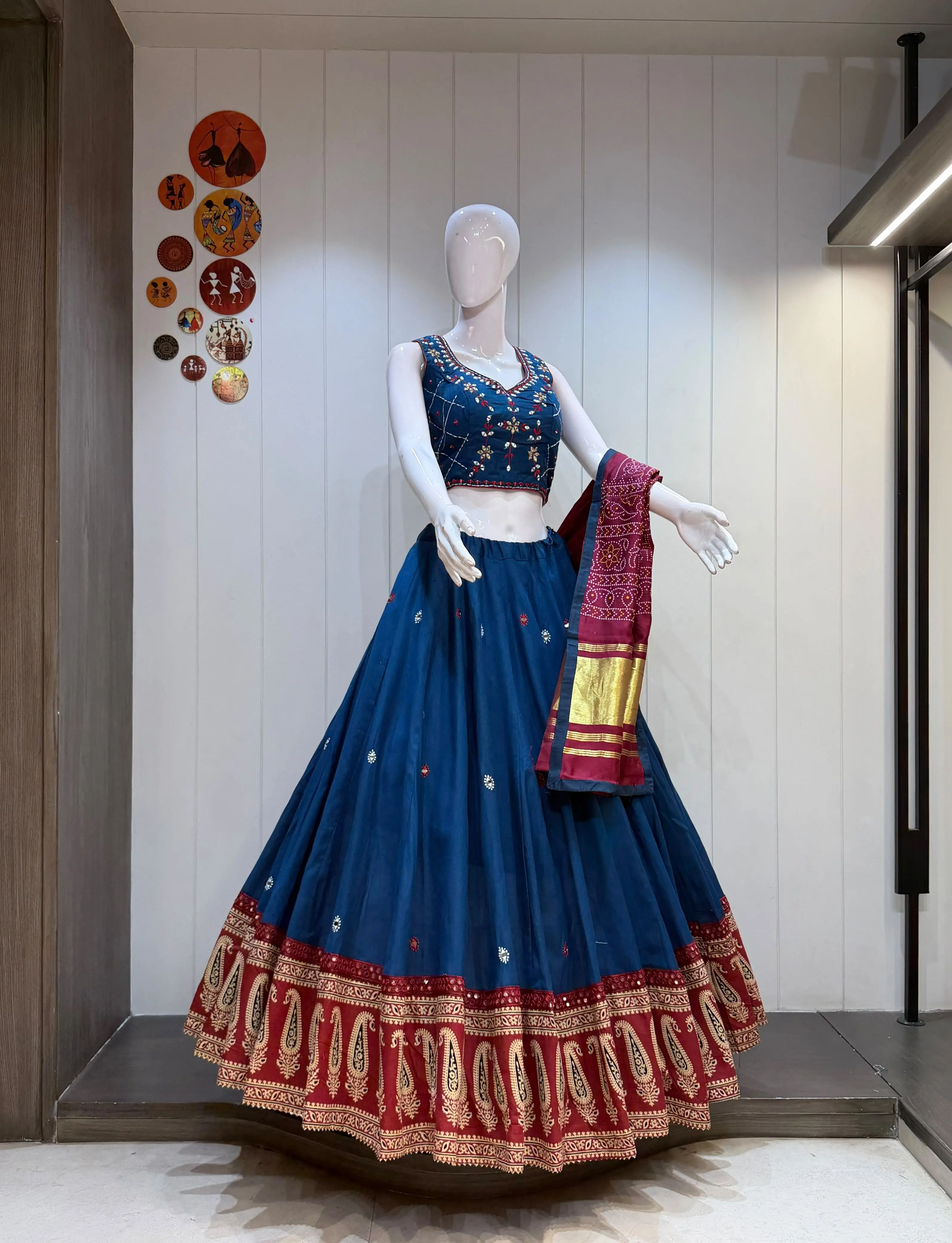 Pure Cotton Chaniya Choli | Heavy Ajrakh Border Skirt with Mirror & Aari Work