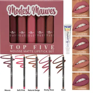 Italia Deluxe Modest Mauve Mousse Matte Top Five Lipstick, So Plumped Lip Gloss & UltraFine Lip Liner Bundle