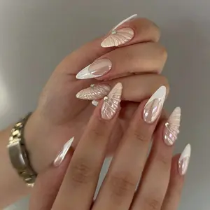 24pcs Long Almond Shape Nails French Gold Pearl Glitter Shell Design Acrylic Press on Nails Set, Easy Wear Nail Kit for Parties Dance Daily Use