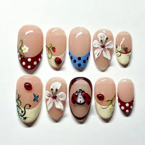 J8 Nailed by Vibe -Luxury Garden Ladybug Press On Nails, Soft Nude & Cream Base, Hand-Painted Flowers, Red Ladybug Accents, Nature-Inspired Art, Elegant Spring Nails, Handmade Reusable Set, Gift for Her