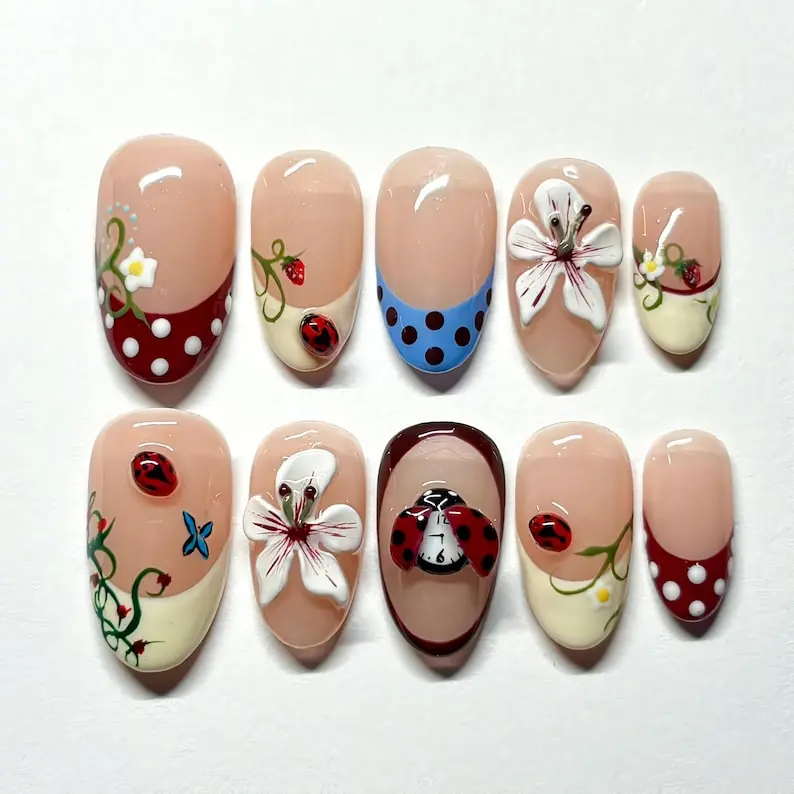 J8 Nailed by Vibe -Luxury Garden Ladybug Press On Nails, Soft Nude & Cream Base, Hand-Painted Flowers, Red Ladybug Accents, Nature-Inspired Art, Elegant Spring Nails, Handmade Reusable Set, Gift for Her