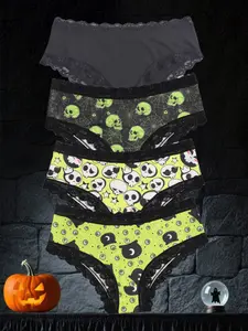Morvia 4pcs Sexy Cute Gothic Halloween Contrast Lace Hipster Panties, Allover Print Comfy Intimates Briefs Panties, Women's Underwear & Lingerie, Fashion Comfy Underwear