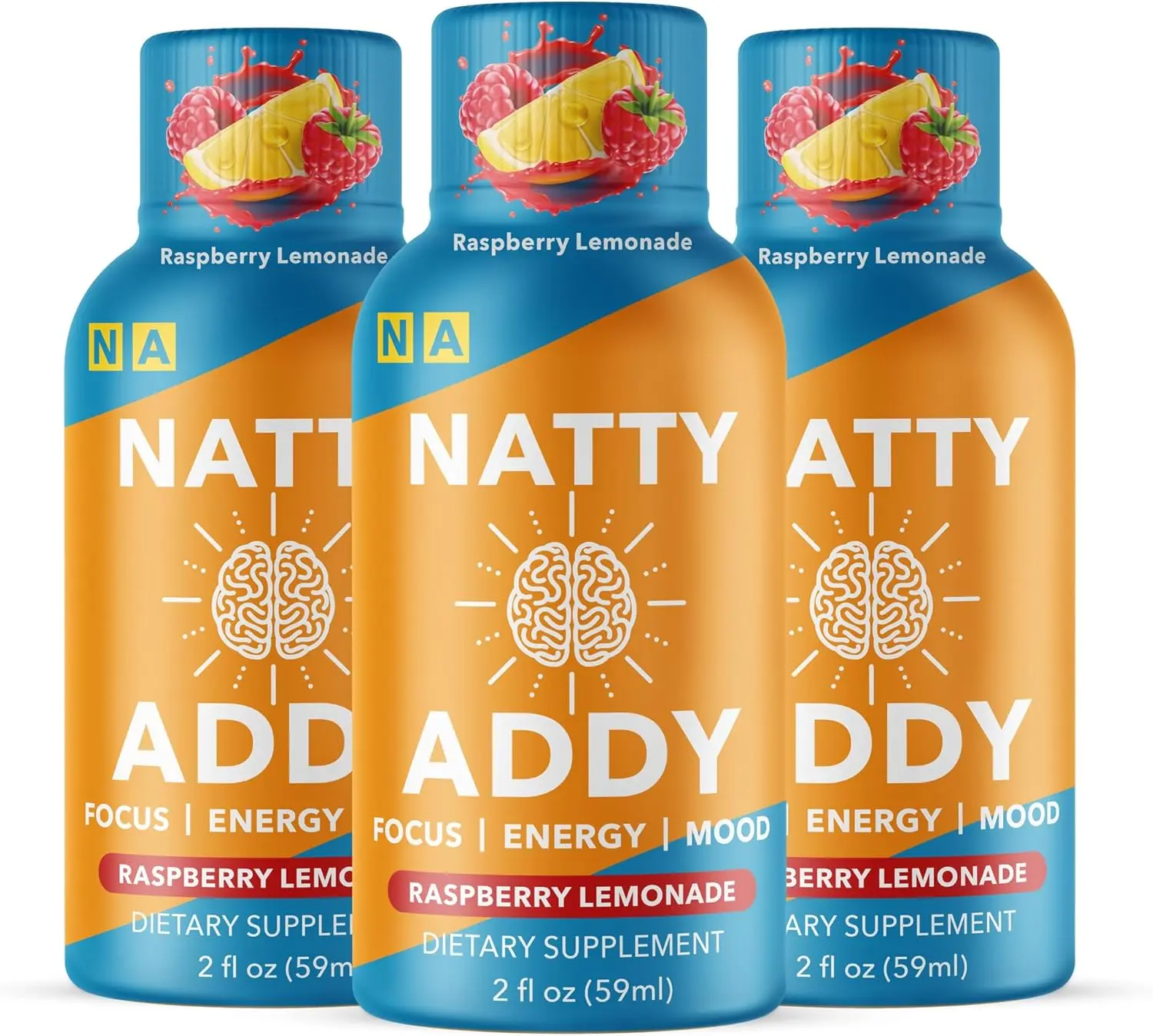 Natty Addy Maximum Strength Brain Support Energy Shots - Methylene Blue Caffeine & L-Theanine - Raspberry Lemonade Flavor - 2 fl oz Each - Boosts Memory & Focus - Cognitive Function Enhancer - US Made