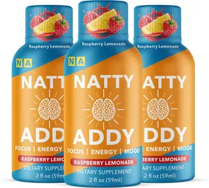 Natty Addy Maximum Strength Brain Support Energy Shots - Methylene Blue Caffeine & L-Theanine - Raspberry Lemonade Flavor - 2 fl oz Each - Boosts Memory & Focus - Cognitive Function Enhancer - US Made