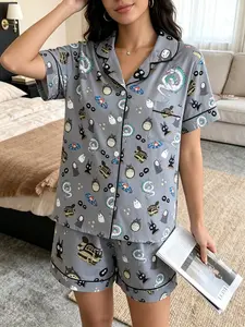 Women's Comfortable Cartoon Elf Print Pajama Set, Short Sleeve Top + Shorts, Soft Breathable, Casual Home Wear, Anime Lover Gift