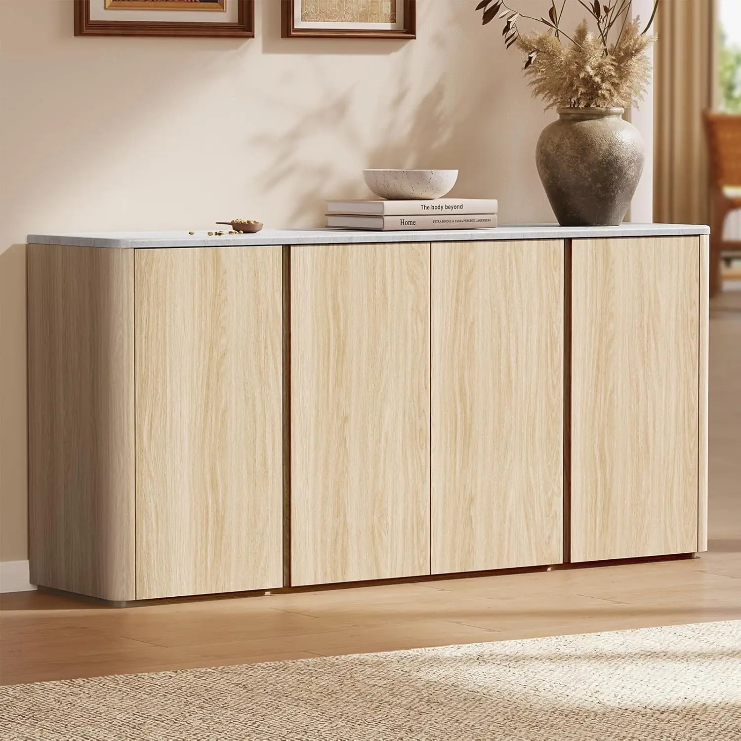 [2 Packages Shipping]ModernMate 67" Modern Kitchen Buffet Sideboard - Beige Faux Travertine Texture Credenza, 4-Door Wood Storage Cabinet with Adjustable Shelves for Living, Dining Rooms