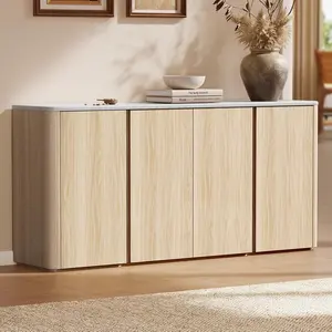 ModernMate 67" Sideboard Buffet Cabinet with Faux Travertine Texture, Modern Storage Credenza with 4 Doors and Adjustable Shelves, Wood TV Console Accent Cabinets for Living Room Dining Room, Beige