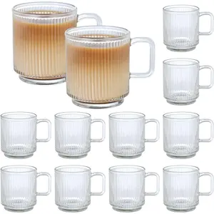 12 PACK  Glass Coffee Mugs with Handle, 12 OZ Classic Vertical Stripes Glass Coffee Cups, Transparent  Cup for Hot/Cold Beverages, Glassware Set for , Latte, Cappuccino