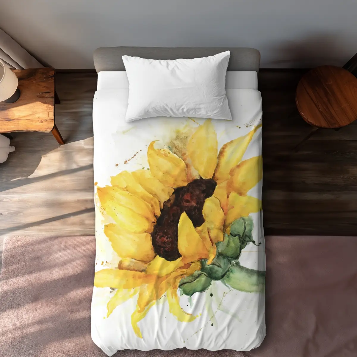 Artistic 360-Stand Watercolour Yellow Sunflower Duvet Cover Set - Twin Extra Long, Soft Fabric, Printed Face, Botanical Floral Bedding, Art Print Duvet Covers for Home Decor, Machine Wash