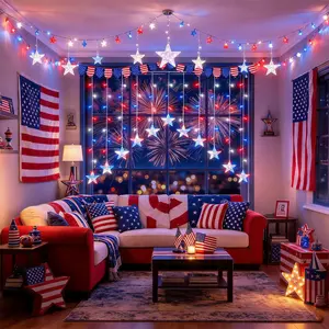 118 LED Red White and Blue Waterproof Curtain String Lights with 8 Modes, Independence Day Decorations for Outdoor, Indoor Window Use