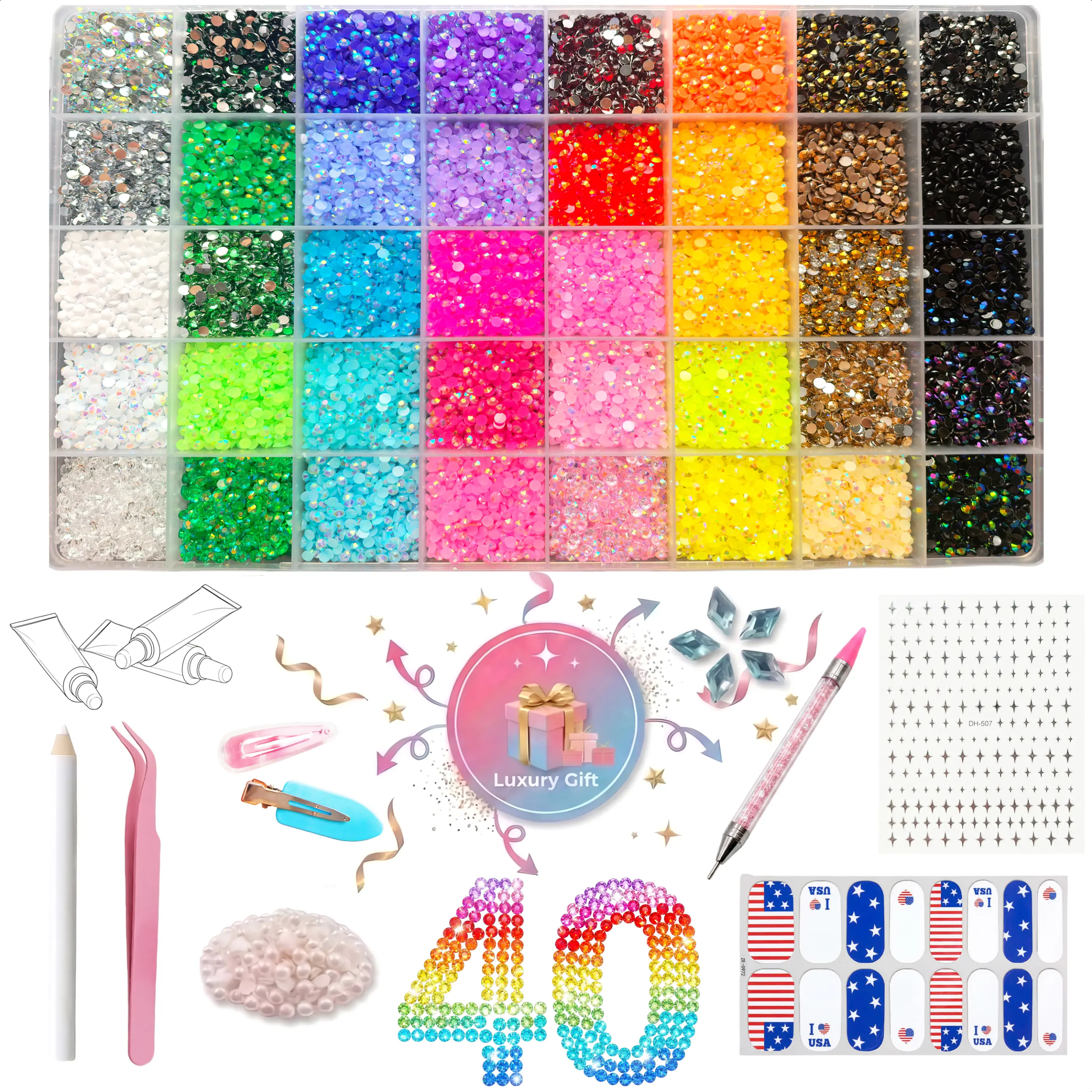 42000Pcs 40 Color Jelly Rhinestone Kit, 3mm Rhinestone Bedazzling Kit with Tweezers & Dual-Ended Pick Up Pen Tool & Bonus Hair Clips, Pearls, Nail Tools and More Accessories for DIY Nail Art, Crafts, Shoes & Tumbler Decoration, Sparkly Gems