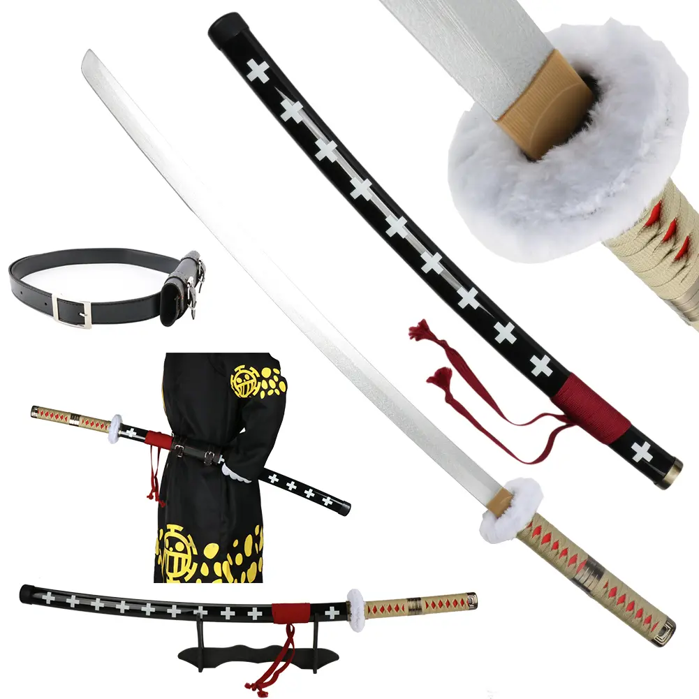 ELERVINO 41-in Bamboo Wooden Anime Swords - Roronoa Zoro & Trafalgar Law Cosplay Props with Black Belt, Stand Display, Holder, 1.1 lb Plastic Accents for Halloween, Birthday, Christmas, Collectibles, Decoration