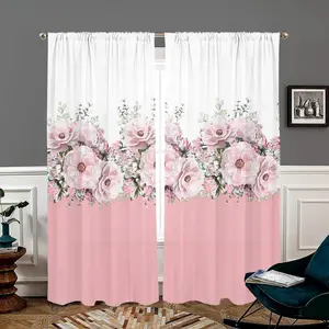 Floral Pattern Curtain, 2 Counts/set Modern Simple Pole Pocket Hanging Curtain, Window Blocking Curtain for Home Living Room Bedroom Decor