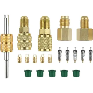 R410A R134A Adapters Mini Split Adapter Fitting Kit 5/16" SAE Flare, 1/2 Acme 1/4" SAE Female to Male Brass Fitting Kit with Valve Core Remover for HVAC Mini Split System